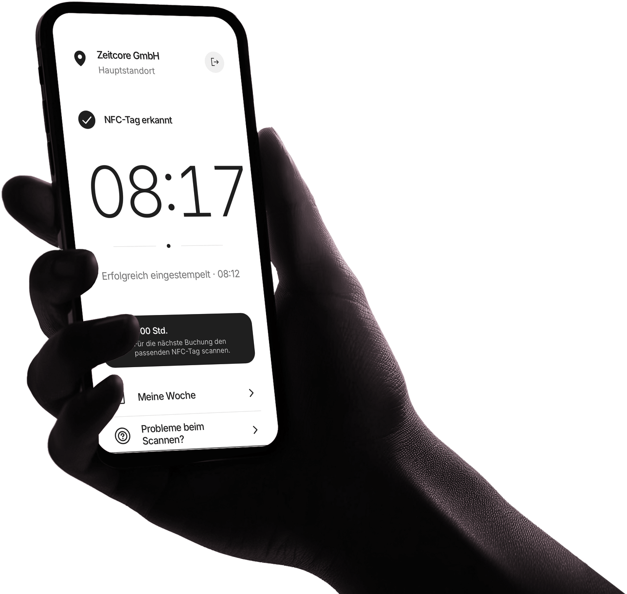 Hand hält ein iPhone mit der bestätigten Zeitcore-Einstempelung um 08:17 Uhr