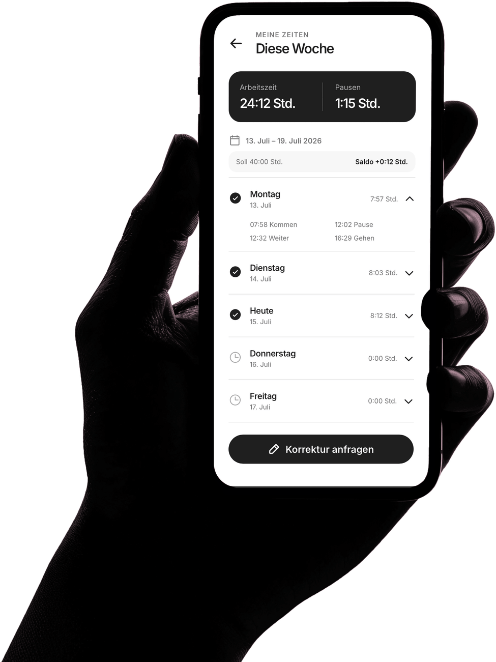 Hand hält ein iPhone mit der Zeitcore-Wochenübersicht für Arbeitszeiten und Pausen