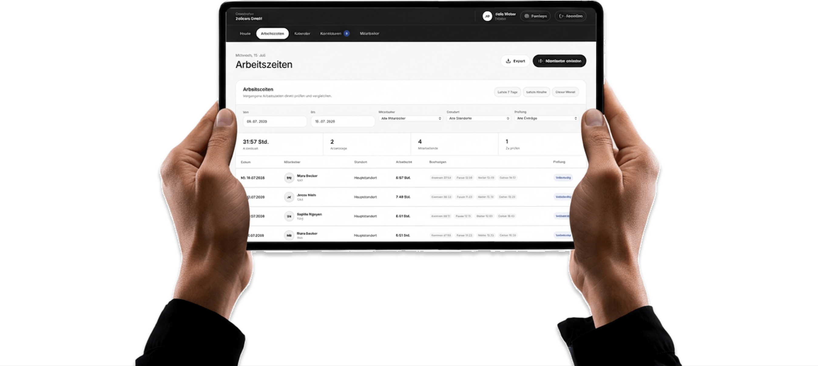 Hände halten ein iPad mit dem Zeitcore-Admin-Dashboard für Arbeitszeiten