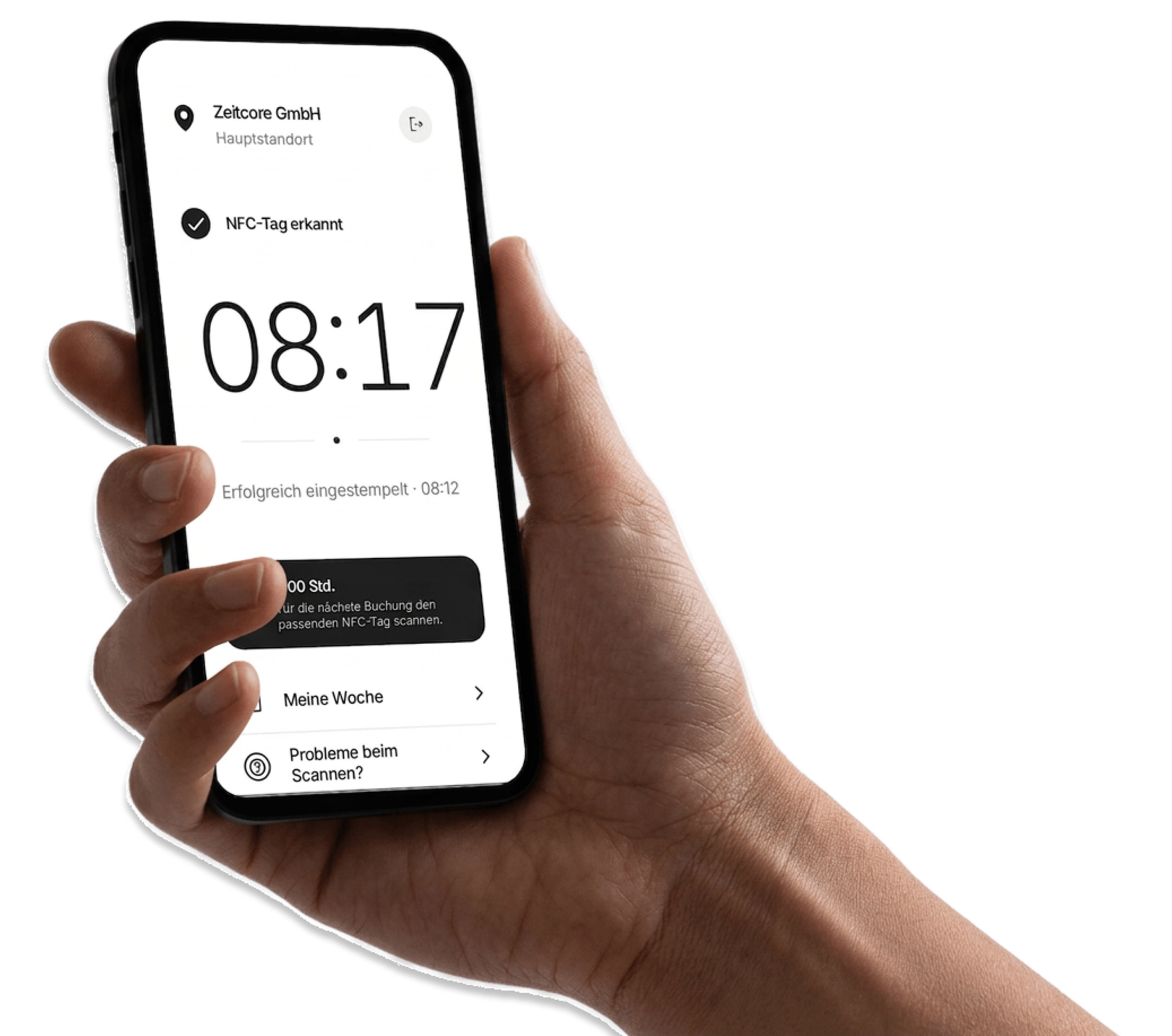 Hand hält ein iPhone mit der bestätigten Zeitcore-Einstempelung um 08:17 Uhr