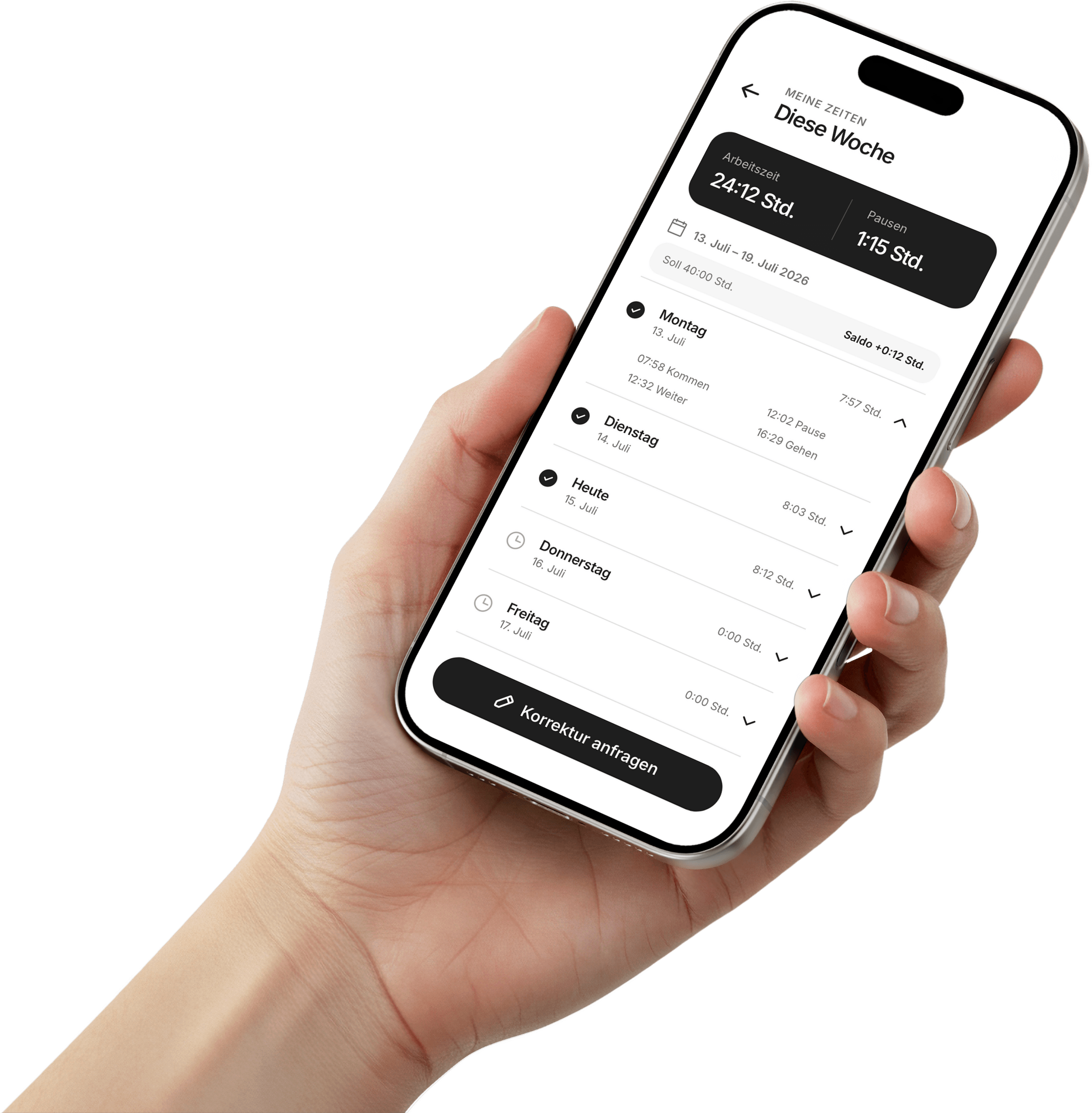 Hand hält ein iPhone mit der Zeitcore-Wochenübersicht für Arbeitszeiten und Pausen